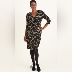 Chico's Tiffany Moc Gold Wrap Chain Print Black Dress V- neck Size 2 (L)
